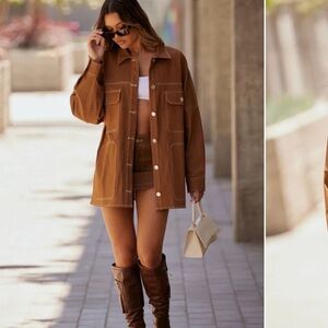 Women's Brown Mini Skirt With oversized Jacket - Stylish Casual Chic